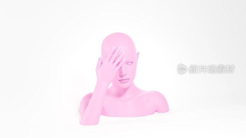 粉红色的女性人体模型用手掌遮盖脸部。Facepalm指手势。3 d渲染图像。